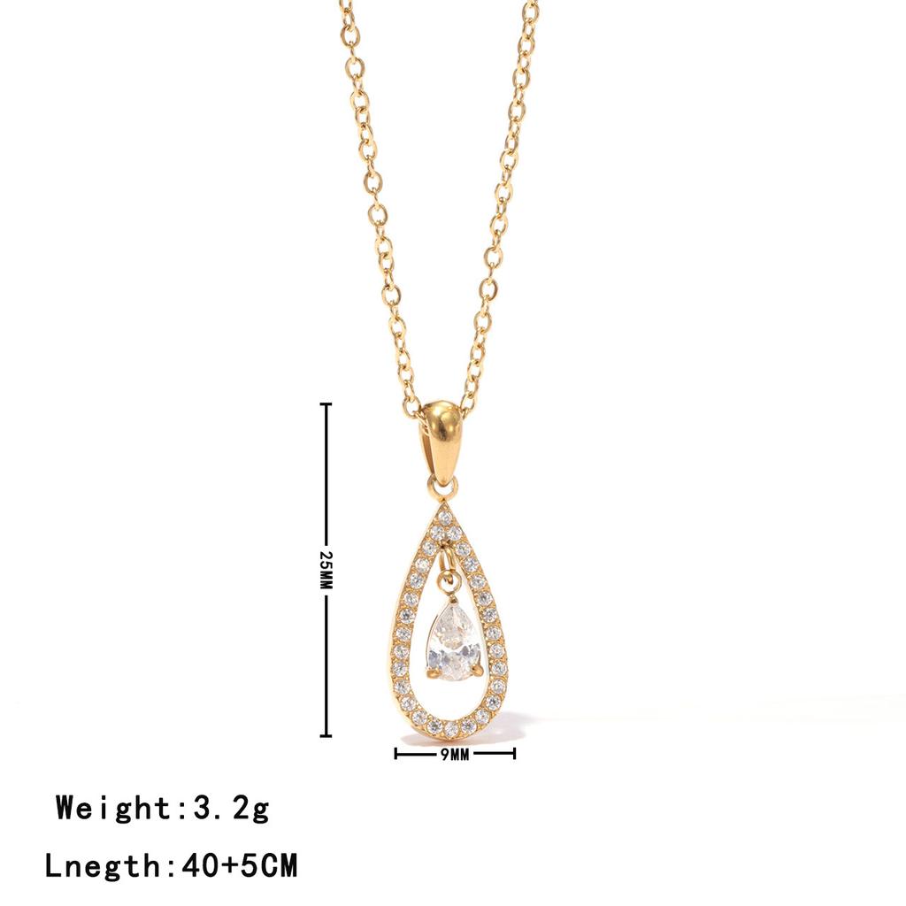 Fashion Minimalist Stainless Steel Jewelry 18k Gold Plated Waterproof Hollow Water Drop Shape Zircon Pendant Necklace YF6041