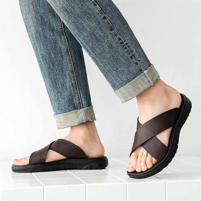 Large Size Men Slipper Fashion Outdoor Casual Beach Slides Luxury Cowhide Leather Slippers for Men Non Slip Flat Slipper Slides