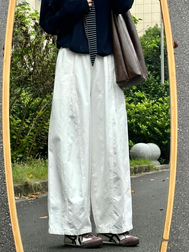 Women's Japanese-Style White Casual Wide-Leg Pants, Plus Size, Loose Drapey Nine-Tenth Balloon Design for Chubby Girls - 2026 Collection
