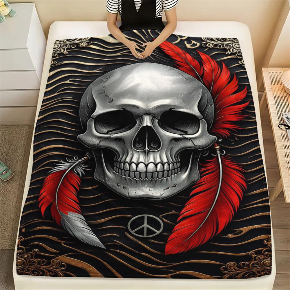 1Pc Skull Head Print Flannel Blanket, High Quality Comfortable for All Seasons, Home Decor, Warmth and Comfort, Perfect for Gifts