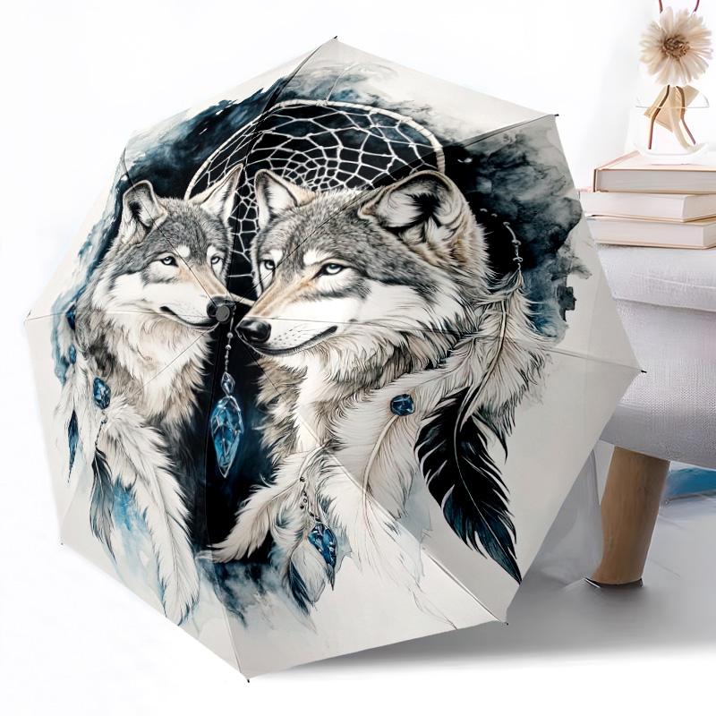 Wolf Dreamcatcher Mandala Outdoor Automatic Umbrella Retractable Design with 8-Rib Durability Lightweight Perfect Gift for Friends Family