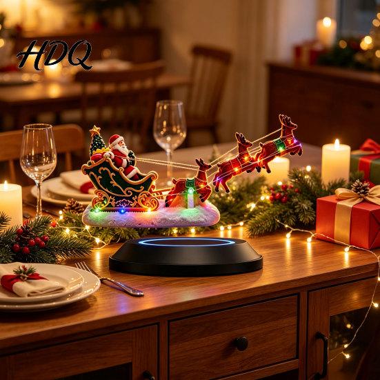 Levitating Santa Claus Tabletop Decor Floating Sleigh Centerpiece Magnetic Levitation Flying Ornament with LED Modern Xmas for Desktops Light,