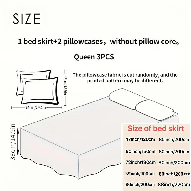 3PC Printed Bed Skirt Set 1Bed Skirt+2Pillowcases Floral Lace Bed Skirt Breathable Soft Bed Cover Bedding Set 360 ° Anti Slip Mattress Protector Cover