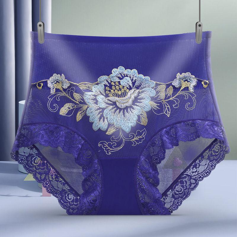 

Женские трусики с высокой талией, кружевными вырезами - Сексуальные, Удобные, Дышащие, Вышитое нижнее белье больших размеров с хлопковой ластовицей M синий