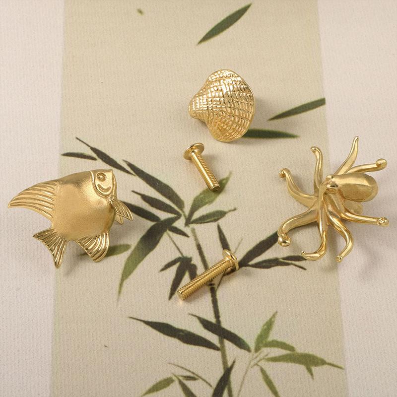 3pc Octopus Gold Color Shell Fish Brass Handle Retro Luxury Cabinet Door Knobs Single Hole Push-pull Wardrobe Drawer Pulls