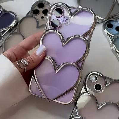 Fashion 3D Silver Love Heart Case For iPhone 13 12 14 15 16 Pro Max 11 Luxury Hollow Design Plating Love Aesthetic Cover