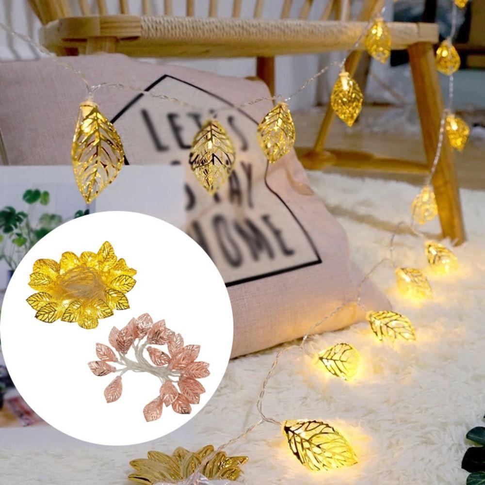 Warm White LED Decorative Lamp Golden Metal Leaf Shaped Design Decorative Lights Hollow Design Battery Operated Atmosphere Light