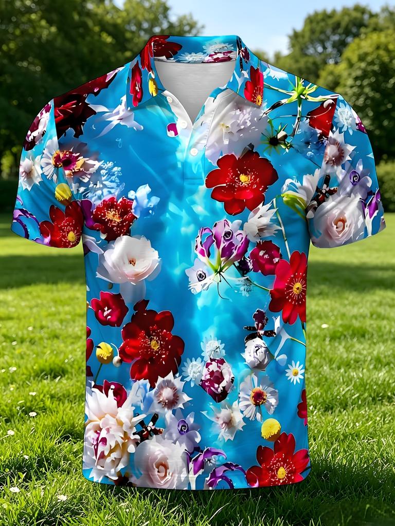 Unisex Lightweight Polo Shirt - Summer Beach Polo, Floral Pattern - Men'S And Women'S Button- Cardigan - Casual Golf, Travel, Everyday Wear -