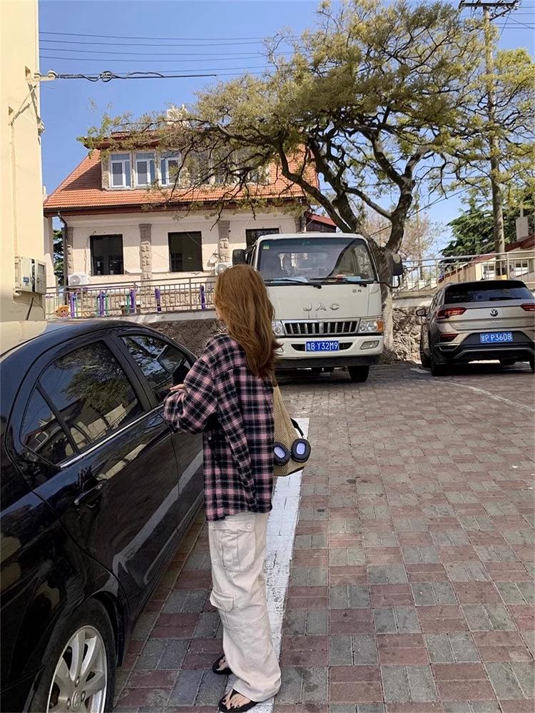 2024 Black & Pink Plaid Women's Shirt - Spring/Autumn Sunscreen Jacket, Korean-Style Niche Design