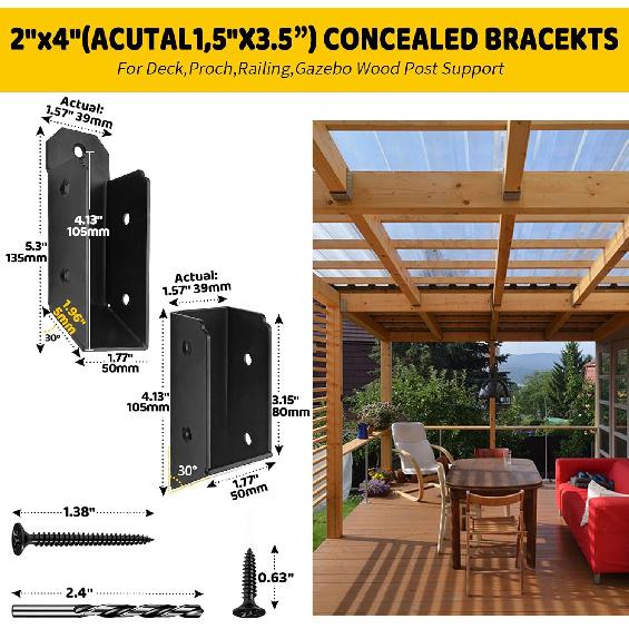 30° Deck Railing Concealed Brackets,DIY Woodwork Concealed-Flange Hanger for 2" X 4”(Actual:1.5" X 3.5") Wood Beam,U-Shaped Slant Joist Hanger