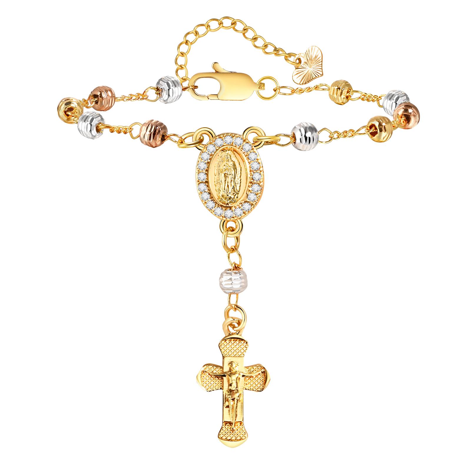 Vnox Katholische Kreuz Rosenkranz Armbänder für Frauen, Jungfrau Maria Anhänger Finger Tauf Rosenkränze Armband für Taufgeschenke Taufe beige