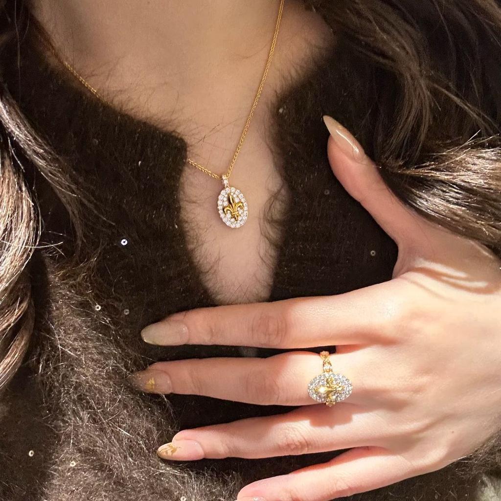 2025 Fashionable French Retro High Grade Iris Pendant Necklace, Light Luxury Flower Earstuds, Charm Diamond Set Open Ring