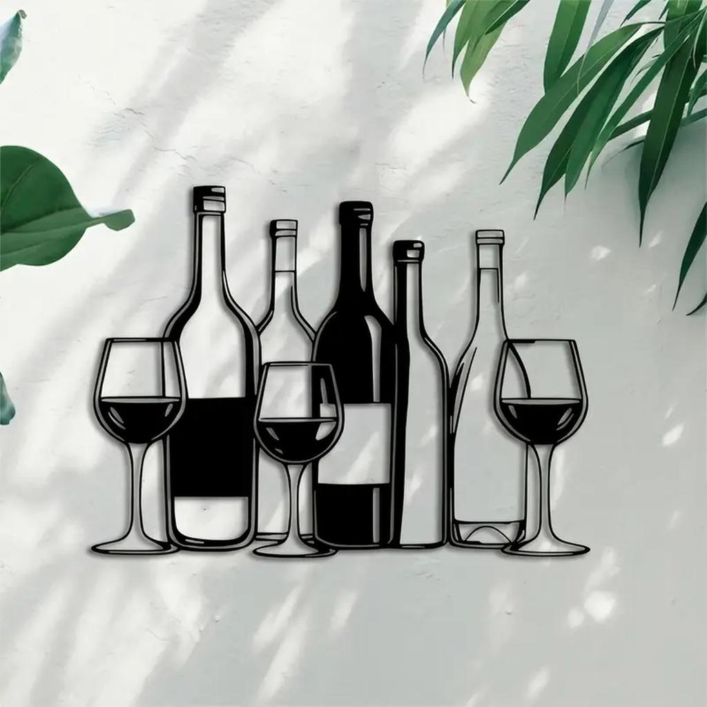 Metal Wine Glass Wall Art Hanging Decoration for Restaurant Bar Creative Wall Mounted Wine Bottle and Glass Design Metal Sculpture