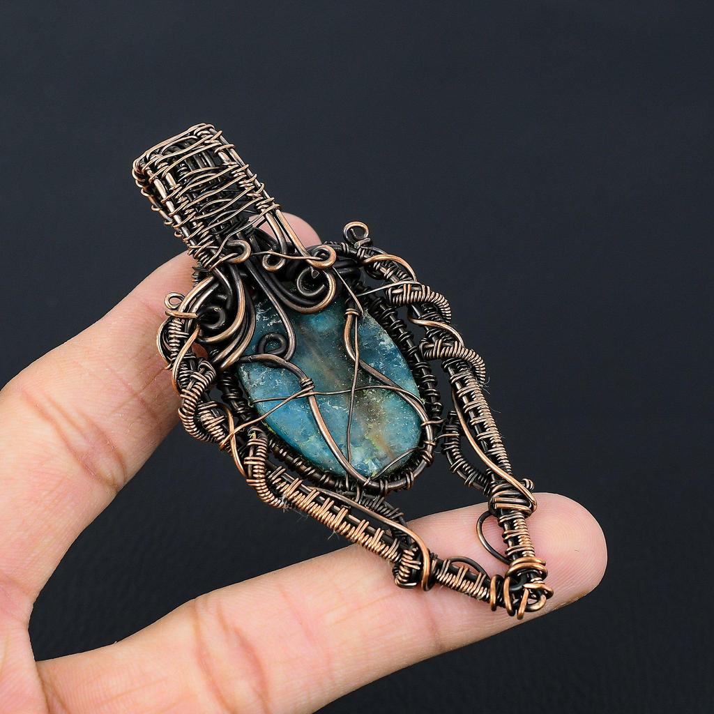Neon Blue Apatite Gemstone Handmade Copper Wire Wrap Jewelry Pretty Pendant