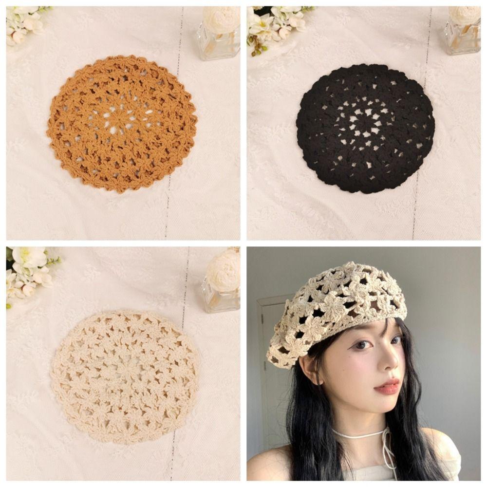 Cotton Lace Hollow Flower Hat Breathable Spring Crochet Knitted Cap Hollowed Out Beret Hat  Holiday