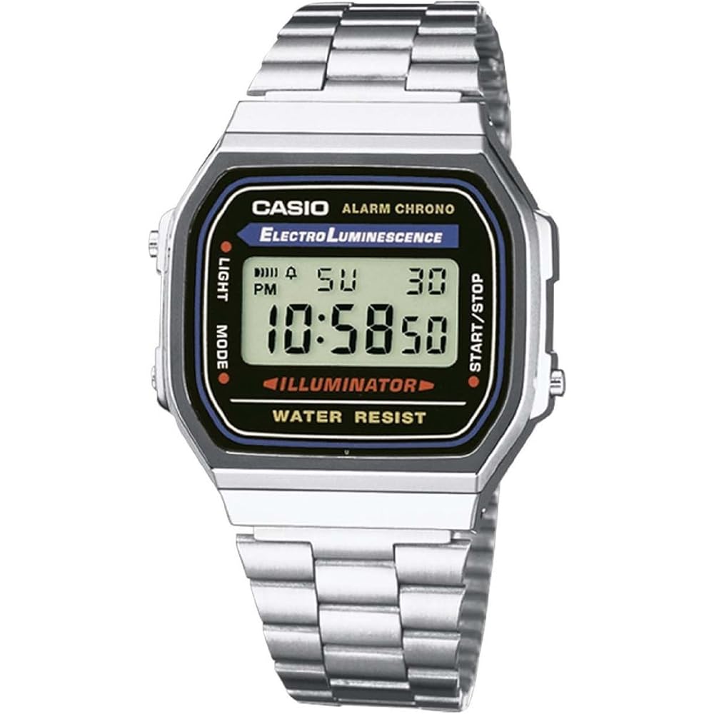 Casio A168WA-1 Classic Digital Bracelet Watch Men's Silver Stainless Steel Water Resistant