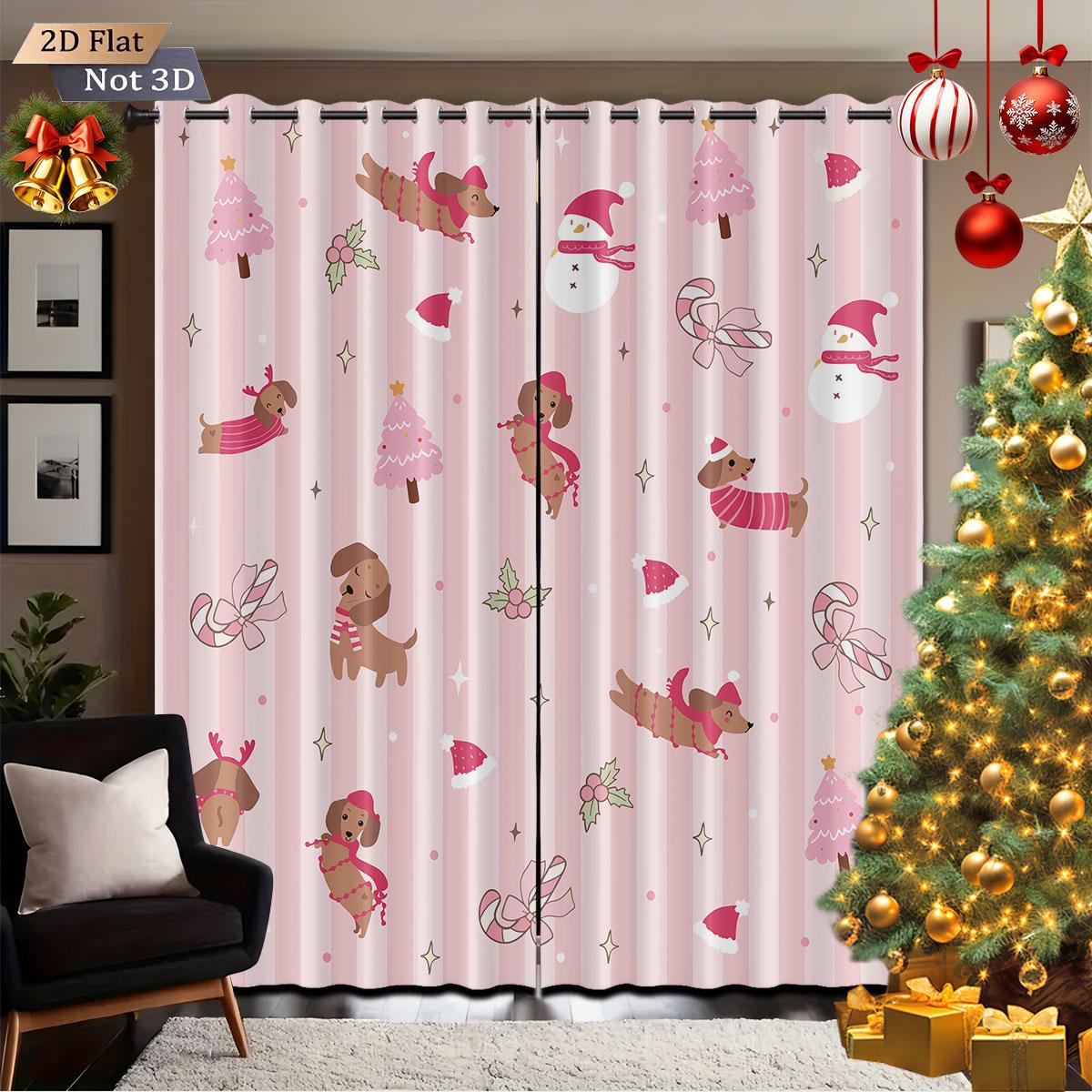 

2Pcs Pink Christmas Sausage Dog Print Blackout Curtains Multiple Size Living Room Insulation Decoration Machine Washable 140x160&Grommet Top