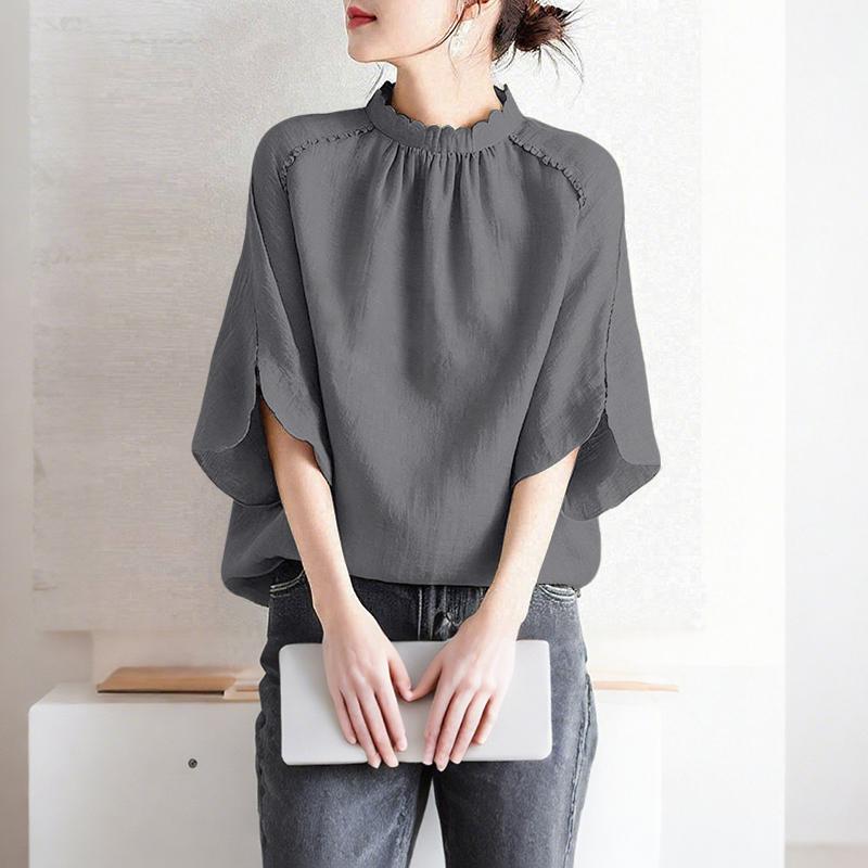 ZANZEA Women Casual Stand Collar Loose 3/4 Sleeve Solid Blouse