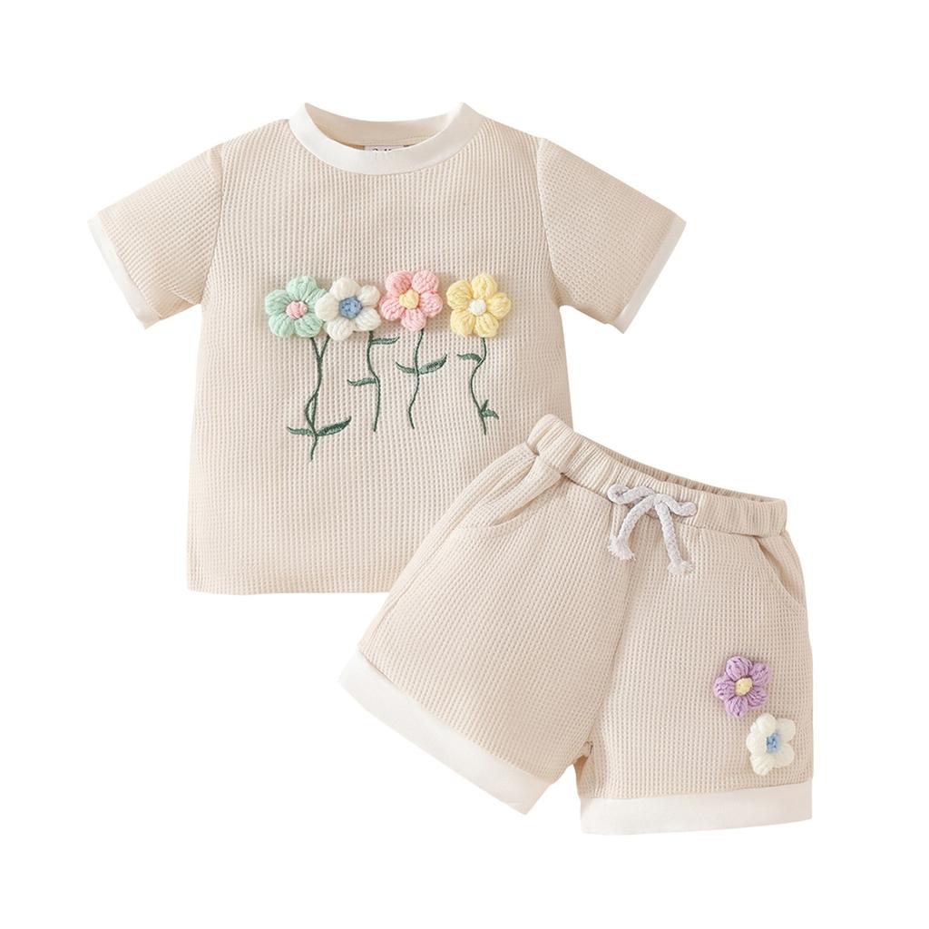 Kinderkleidung Kinder Sommer Rundhalsausschnitt Farbe Kurzarm Dreidimensionale Blume 2-teiliges Set