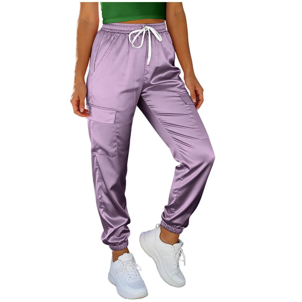 Women's Fashionable Color Drawstring Elastic Waist Pocket Satin Loose Leg Tight Casual Pants