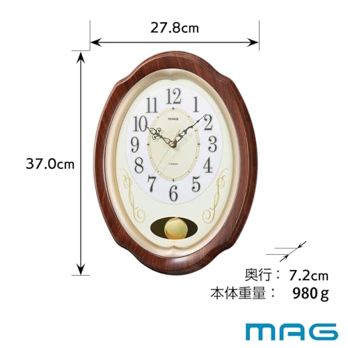 MAG Wall Clock, Radio-Controlled, Analog, Pendulum, Melody, Time Signal, Automatic Stop, Volume Control, Nighttime Second Hand Stop, 37.0cm X 27.8cm,