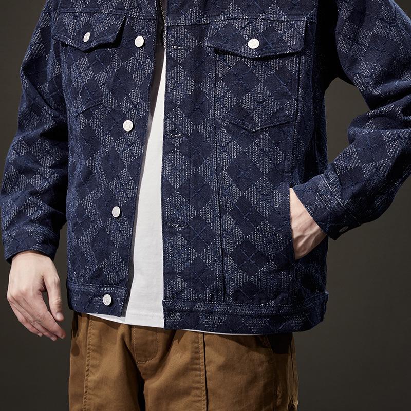 Men's Trendy Plaid Denim Workwear Jacket - Plus Size, Spring/Autumn 2023 Collection