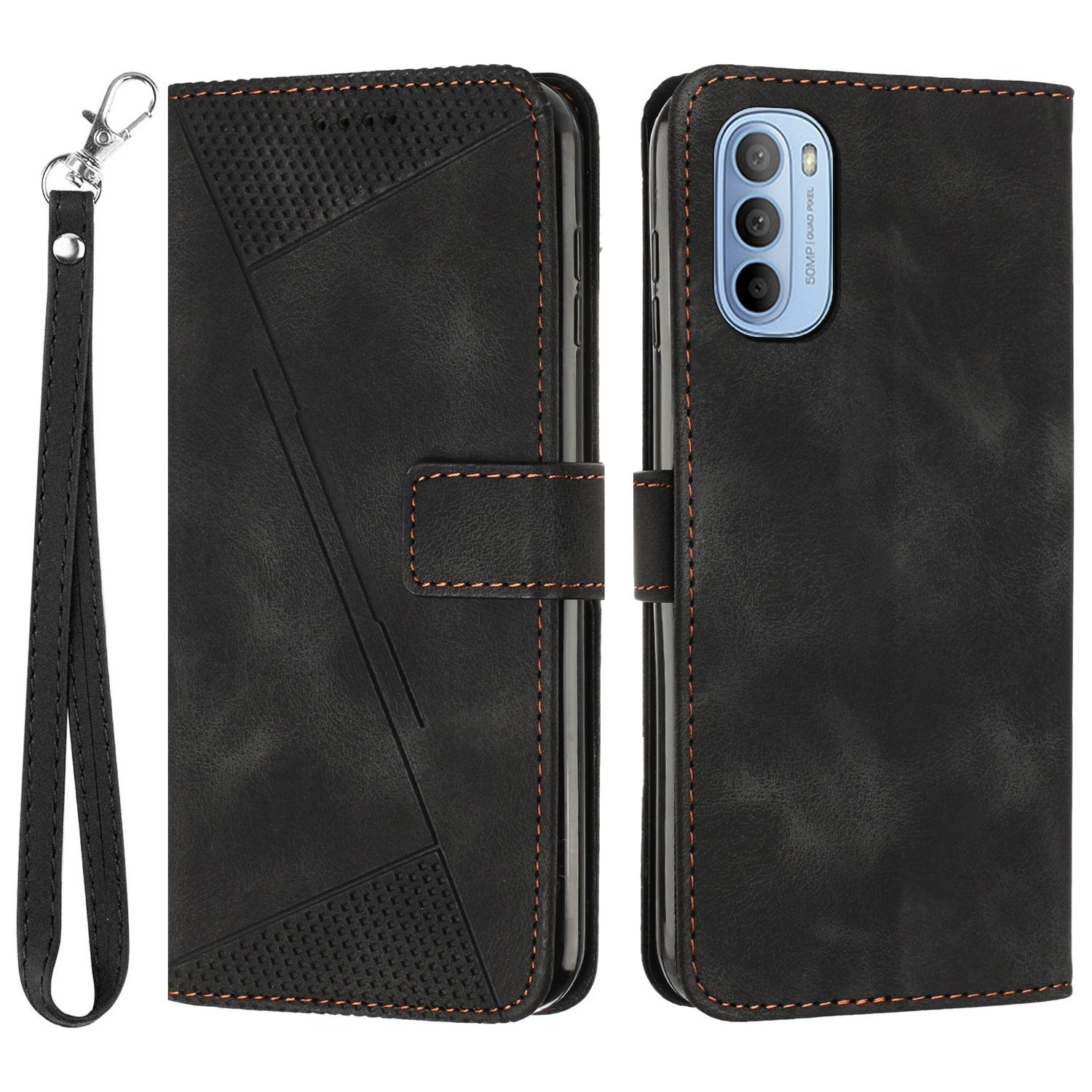

Leather Cover for Motorola Moto G Stylus 4G (2022),Triangle Imprint Wallet Stand Anti-fall Phone Case with Strap Black