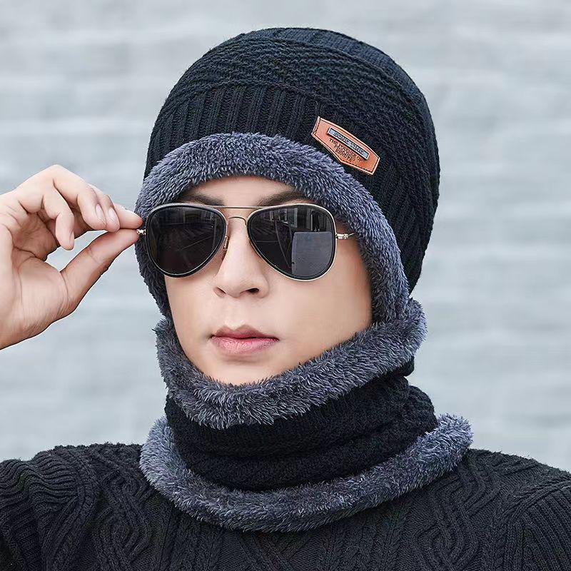 Winter Fleece-Lined Knitted Beanie & Scarf Set for Men - Thick Wool