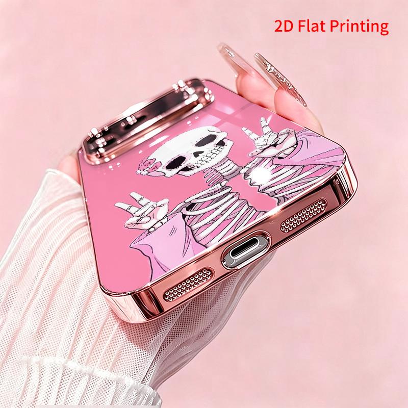 2DFlat electroplated tempered glass phone case,Cute Pink Skeleton Peace Sign Phone Case,suitable for iPhone 18 Pro Max 17 16 15 14 13 12 11
