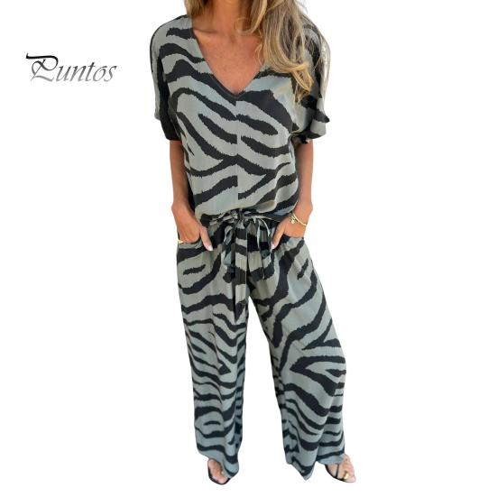 

2 шт./комплект женский топ брюки костюм полосатый принт контрастный цвет V-образный вырез короткий рукав блузка широкие брюки эластичный пояс на талии наряд для поездок на работу повседневный S зелёный