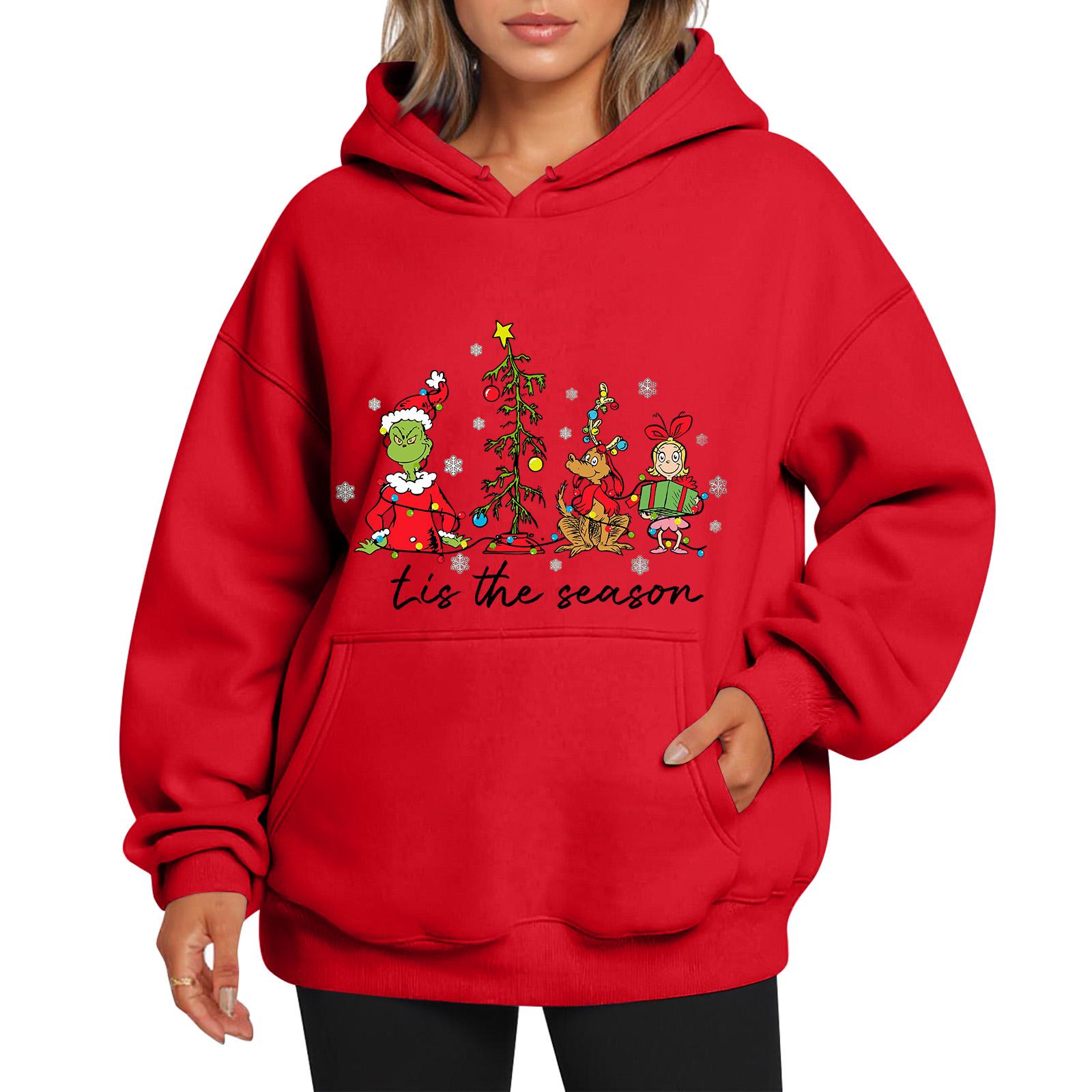 

Женское худи с принтом в рождественском стиле, с шерстью и карманами L красный