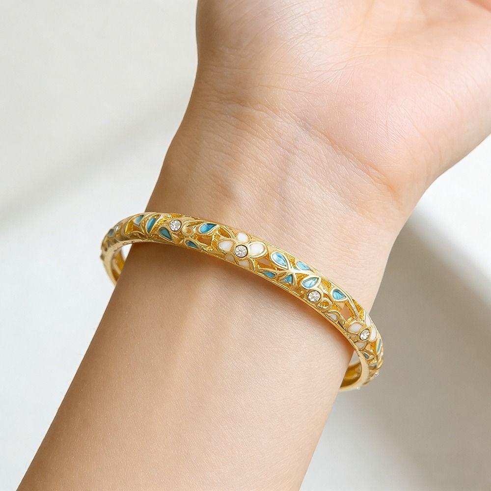 New Colorful Enamel Floral Bangle Chinese Style Handmade Open Cuff Bracelet Gold Plated Elegant Diamond Bangle Women
