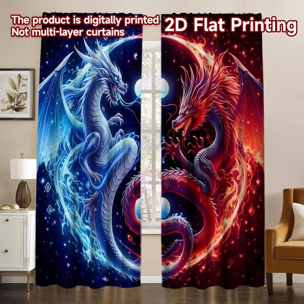 2D FLAT PRINTING 2pcs Curtains (Without Rod) Dual Dragon Clash Creative Modern Curtains Machine Washable Fabric Curtains Weet