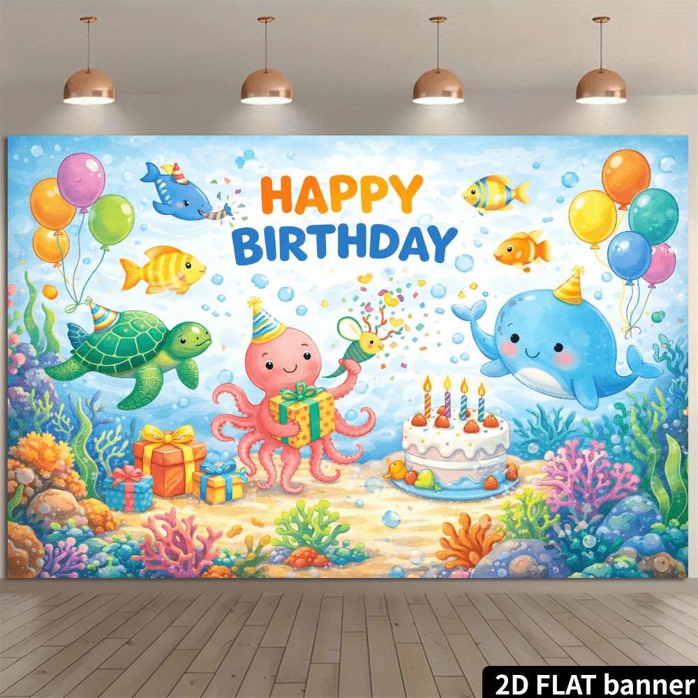 2D-Ebene 1 Stück Ozean-Thema Geburtstag banner fröhlicher Wal Schildkröte und Oktopus Party Szene