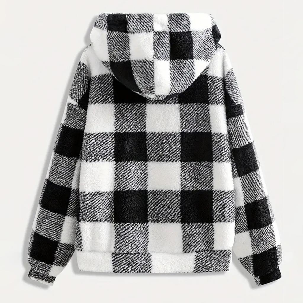 Women's Fashionable Plaid Long Sleeved Hooded Pocket Plush Casual Jacket Jacket