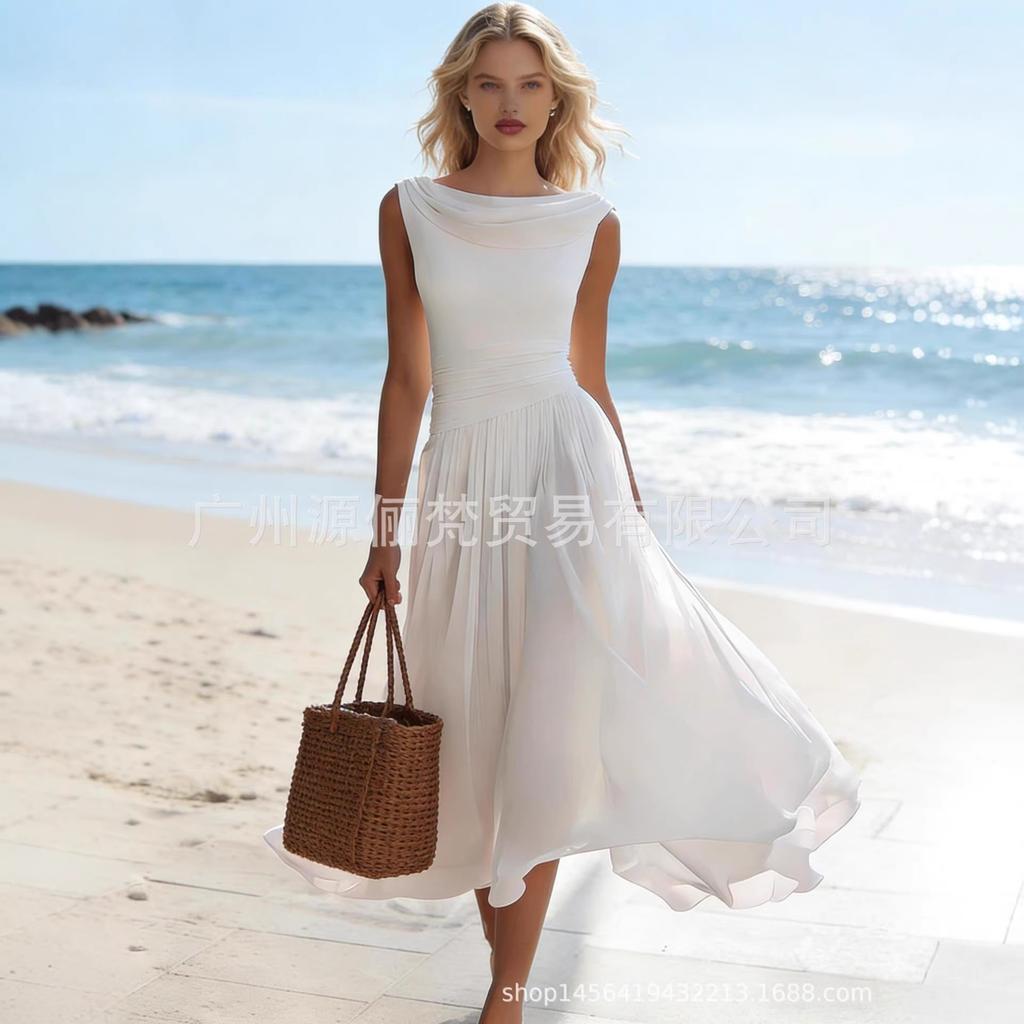 Abito Maxi da Donna Senza Maniche con Scollo a Drappeggio Vita Arricciata Linea ad A Svasata Lungo Monocolore Elegante Abito Estivo da Spiaggia