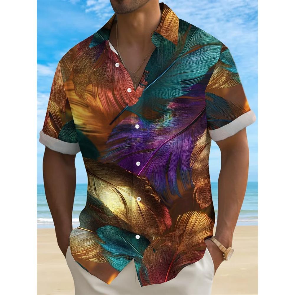 Summer Men's Shirt 3D Print Colorful Feather Short Sleeve Turndown Hawaiian Shirt Button Up Shirts No Pockets Shirts for Women