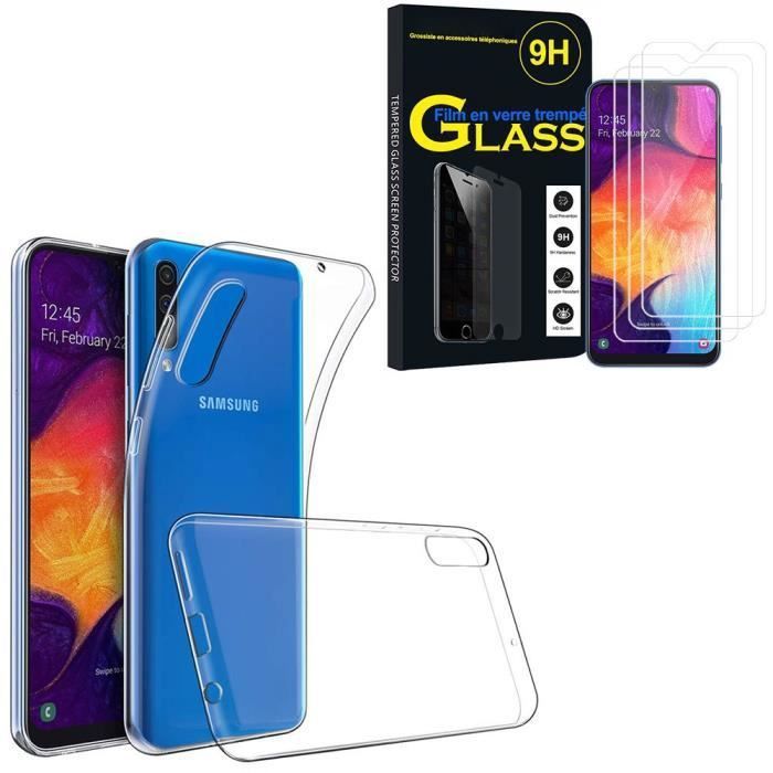 Coque silicone gel UltraSlim - VCOMP - Samsung Galaxy A50 - Transparent - 3x Films Verre Trempé - Protection
