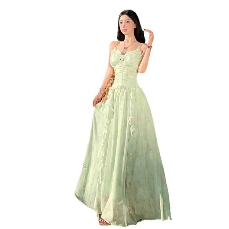 Französisches Urlaubs-Blumen-Latzkleid Feen-Sommerkleid Rüschenkanten-Design Super Feenhaftes Temperament Langes Kleid