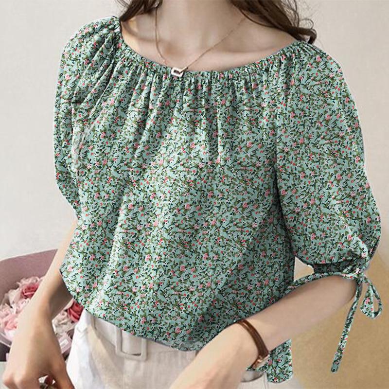 

VONDA Женские летние блузки с круглым вырезом и коротким рукавом с цветочным принтом 4XL зелёный