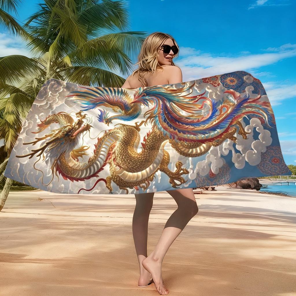 Traditional Chinese Dragon and Phoenix Beach Towel Quick-drying Towel Suitable for Seaside Pool Camping Yoga For Family Friends