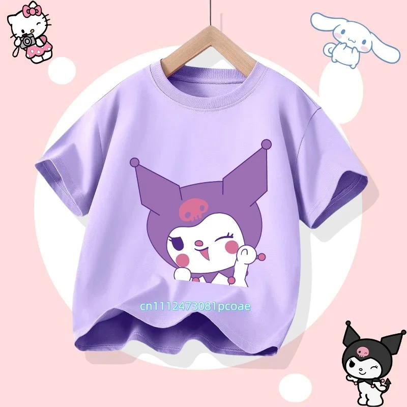Kuromi Children's Pure Cotton Short-Sleeved Girls' Casual Shirt - Summer T-Shirt with Cartoon Print- Three Little Monkeys Series