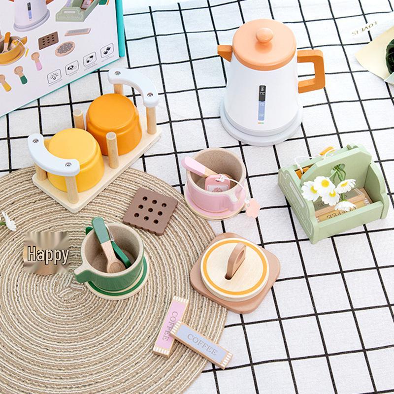 Children's Wooden Pretend Play Tea Set with Desserts and Teapot Tableware