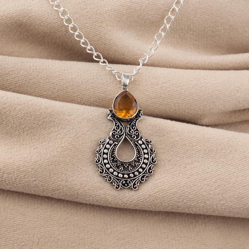 Citrine Gemstone 925 Sterling Silver Women Jewelry Pretty Oxidize Pendant 1.8" For Mother/Wife CP-45-6