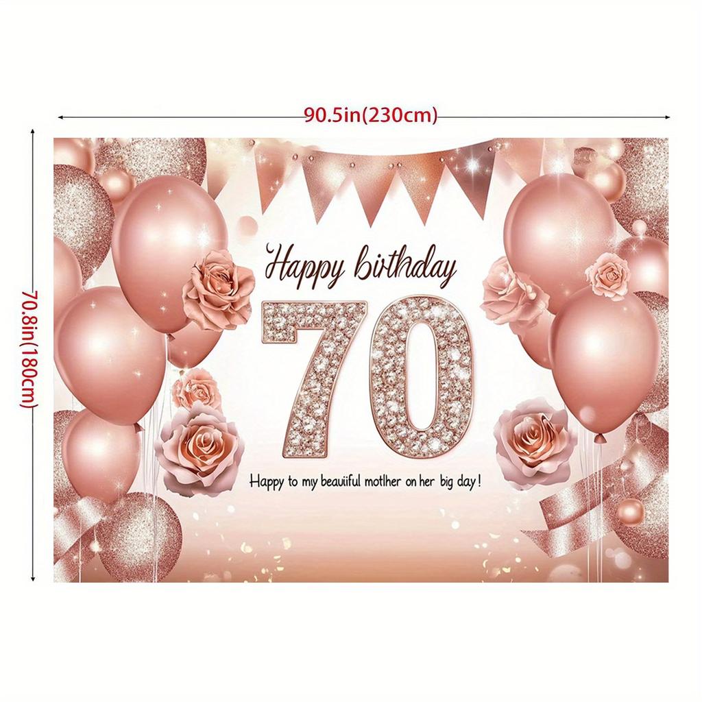 Elegant 70th Birthday Party Background - Pink and White Balloons, Sparkling Rose Design,