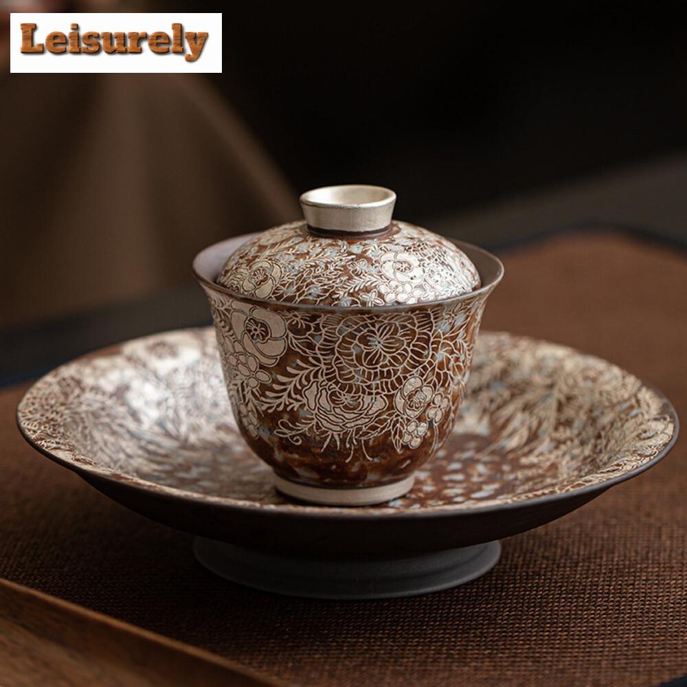 Flower Gilded Silver Old Rock Mud Coarse Pot Bearing Holder Vintage Dry Brew Table Tea Tray Fruit Sanck Plate Teaset Decoration