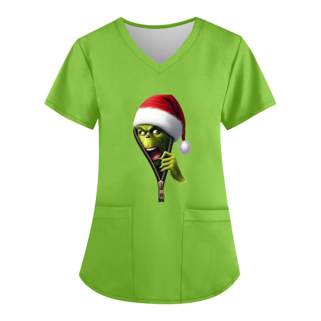 Women's V-neck Christmas Print Short-sleeved Pocket Side Slit Uniform Top