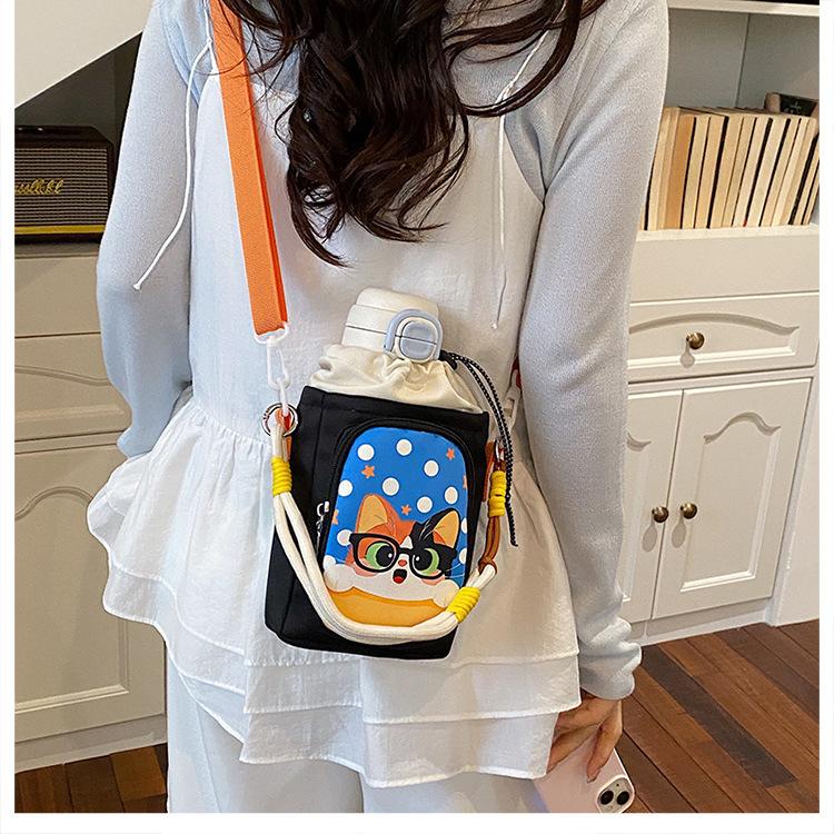 Cute Cartoon Print Water Bottle Bag Women's Commuter Satchel Soft Polyester Material Zipper Closure Vertical Shape Storage Bag