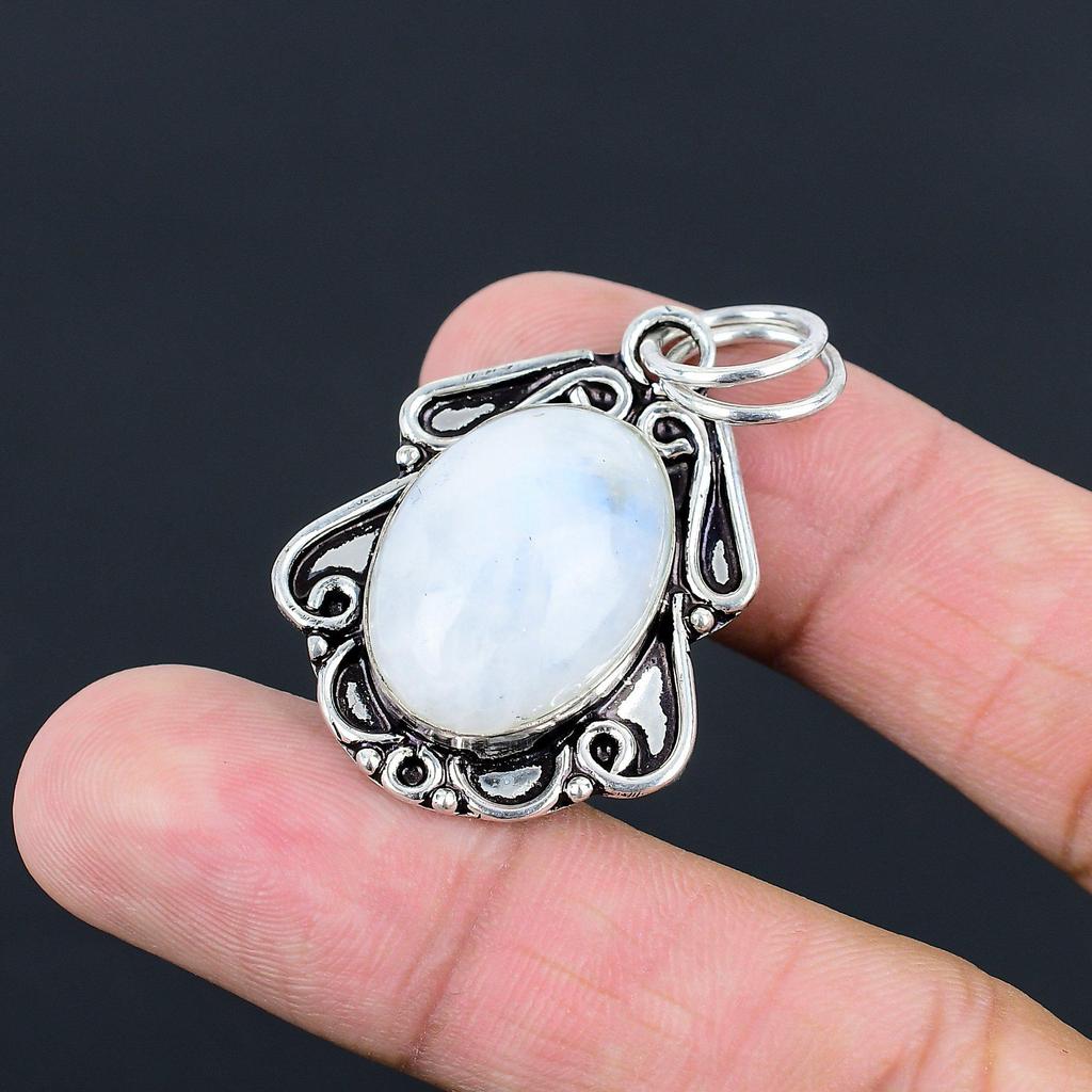 Rainbow Moonstone Stone 925 Sterling Silver Crown Chakra Mother Pendant Jewelry