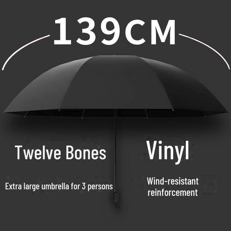 Twelve-Bone Folding Sunshade Umbrella - Large, Black, Logo-Printed for Sun and Rain Protection